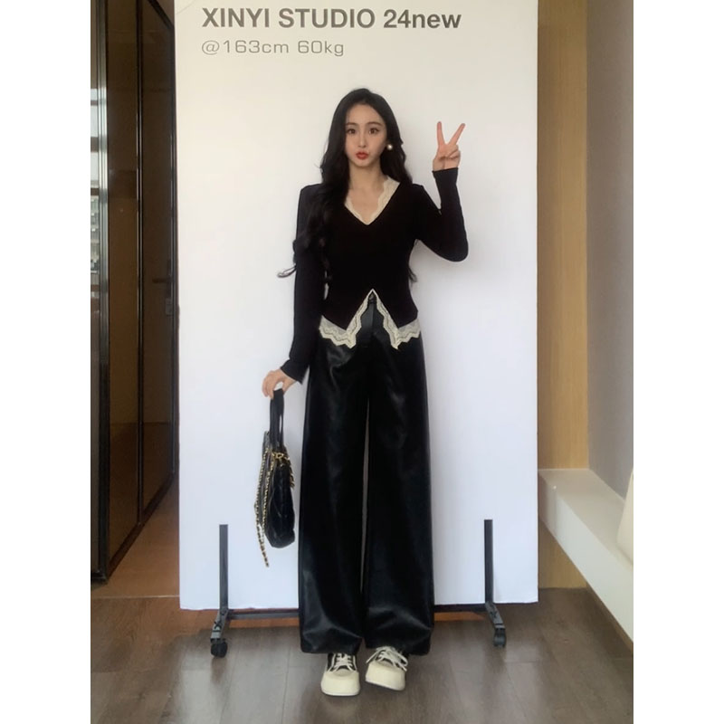 XINYI【推土机】秋冬高腰PU皮裤女显瘦直筒休闲百搭裤X624K16031