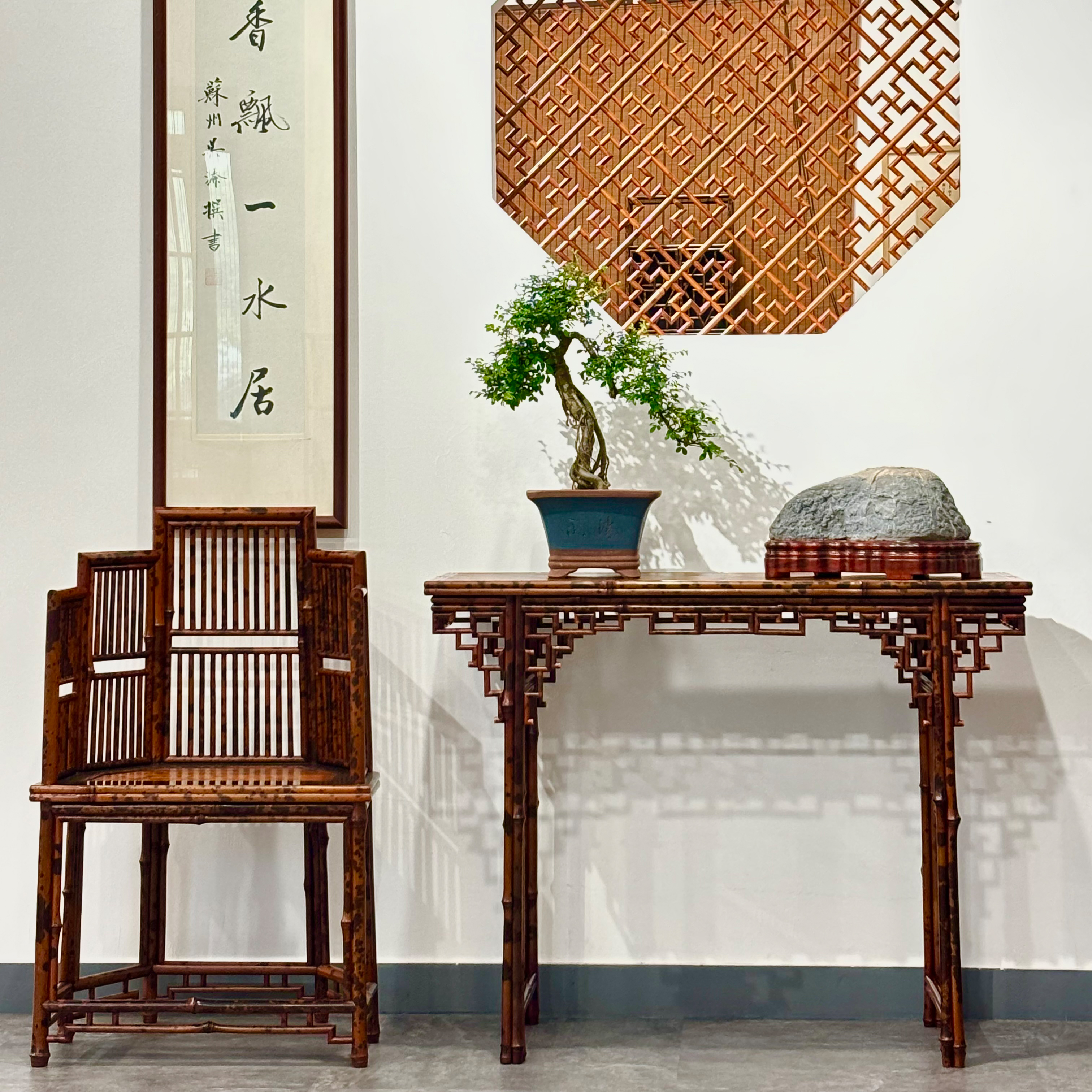 湘妃竹条案落地新中式复古客厅隔断古典书房雕花家用简约玄关禅意
