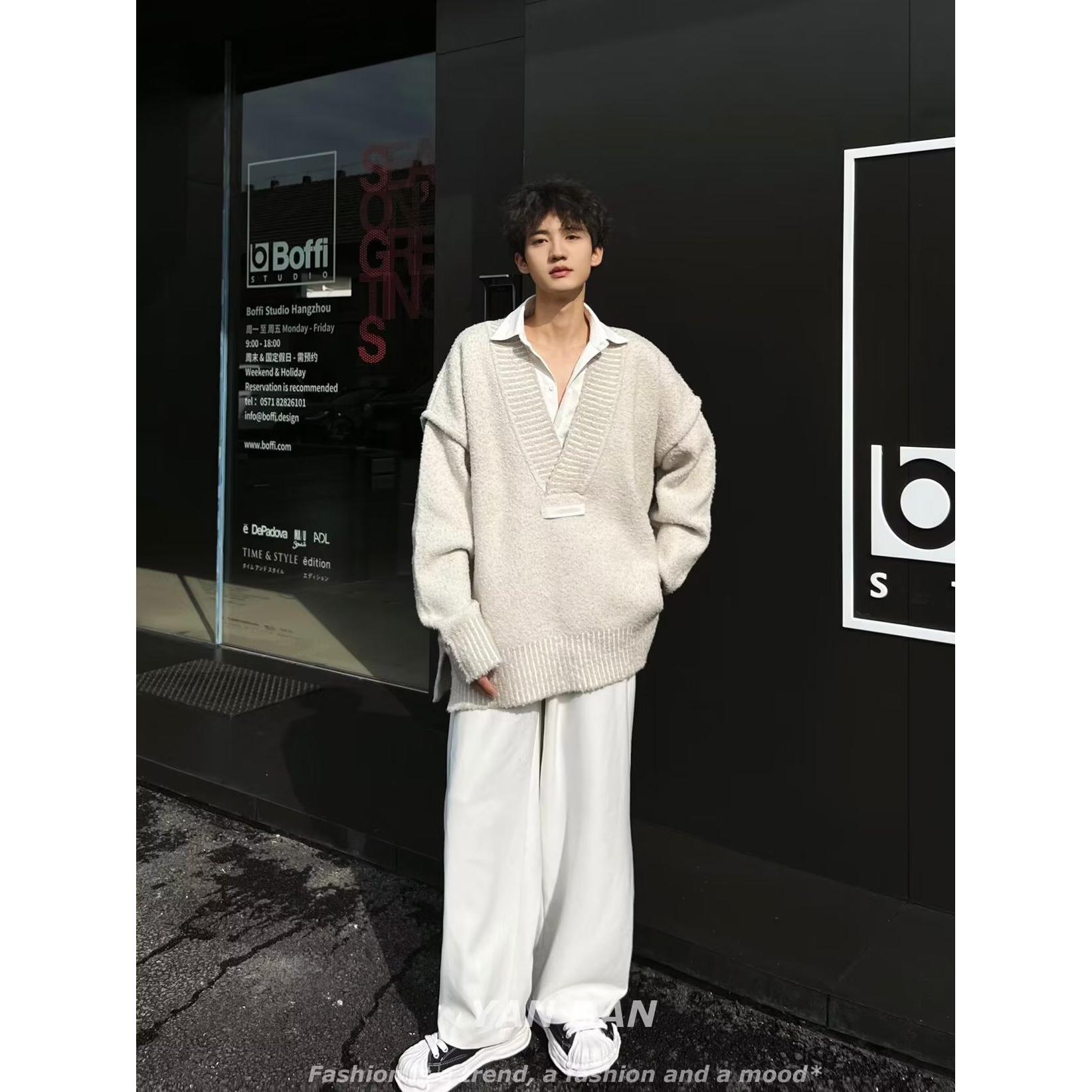 杏色V领毛衣男美式高级感oversize情侣针织衫复古慵懒风低领外套.