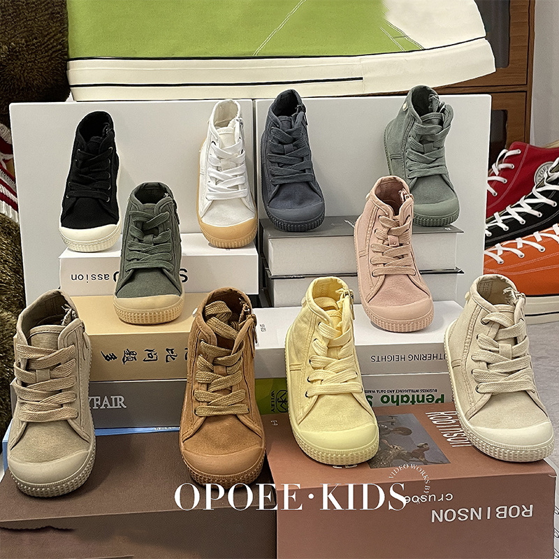 opoee秋季新款高帮儿童帆布鞋男童女童幼儿园宝宝鞋水洗软底休闲
