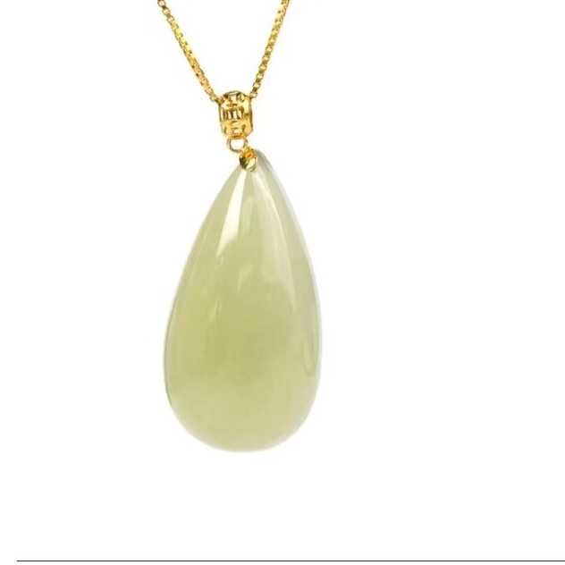 天然晴水和田玉水滴吊坠（项链）简约K金镶嵌精美（多样性发一）