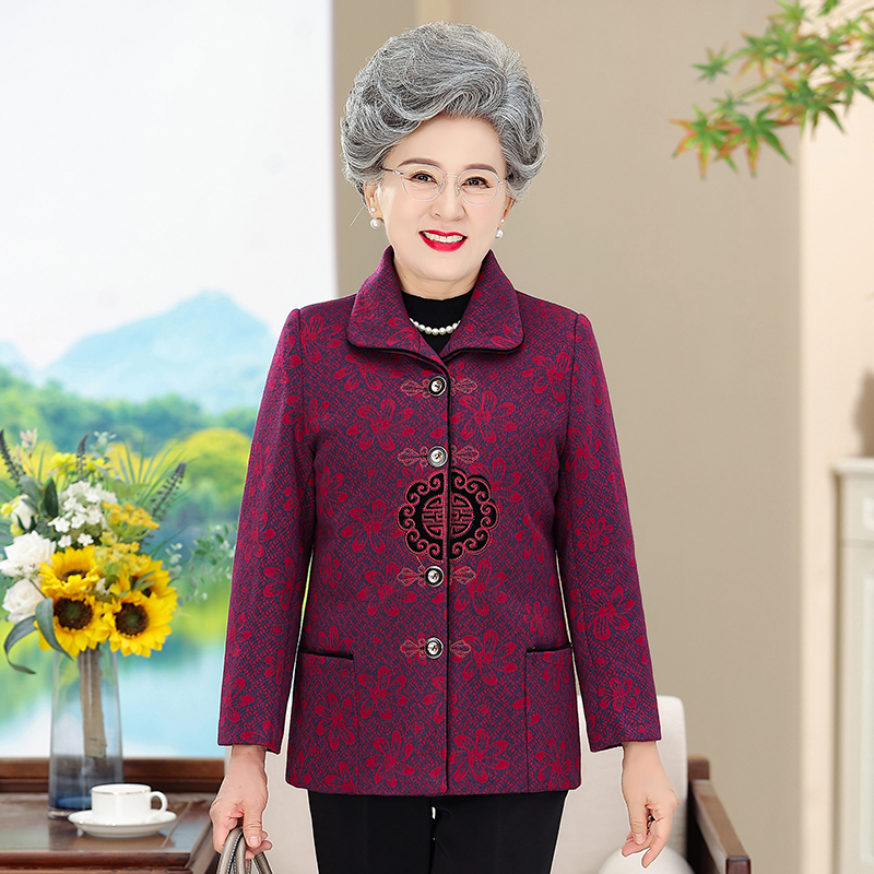 中老年人女装秋冬款刺绣洋气外套奶奶装老太太衣服加厚开衫高档款