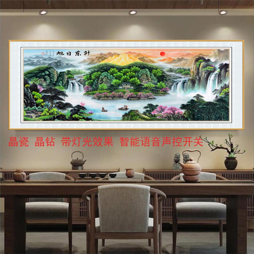 （新中式旭日东升横幅）客厅沙发轻奢晶瓷晶钻客厅挂墙壁画