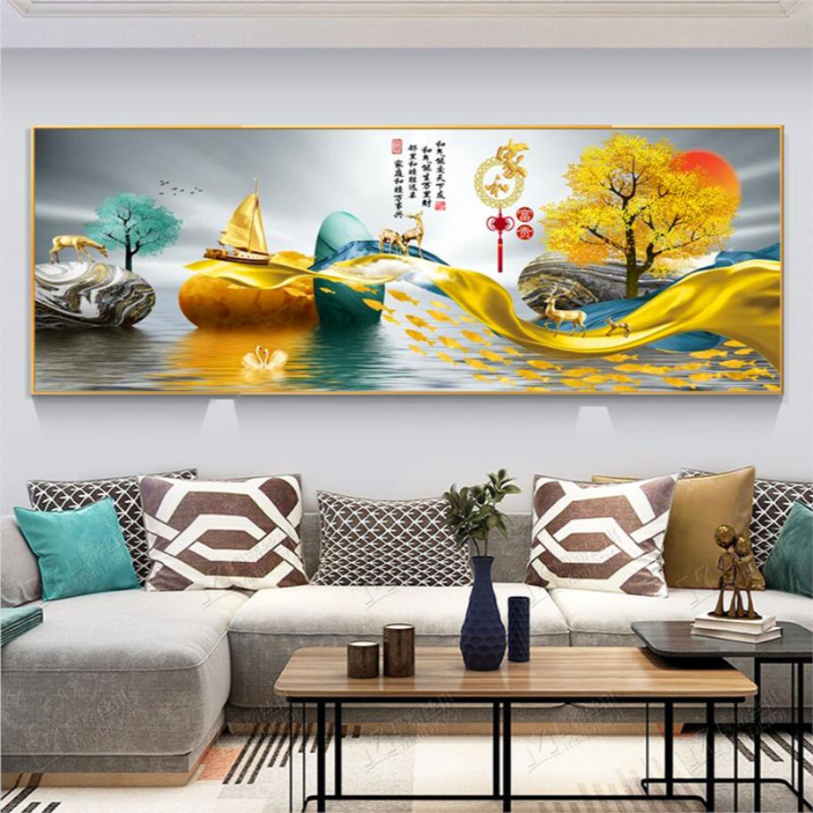 （新中式家和富贵横幅）客厅沙发背景墙晶瓷手工镶钻装饰晶瓷镶钻画