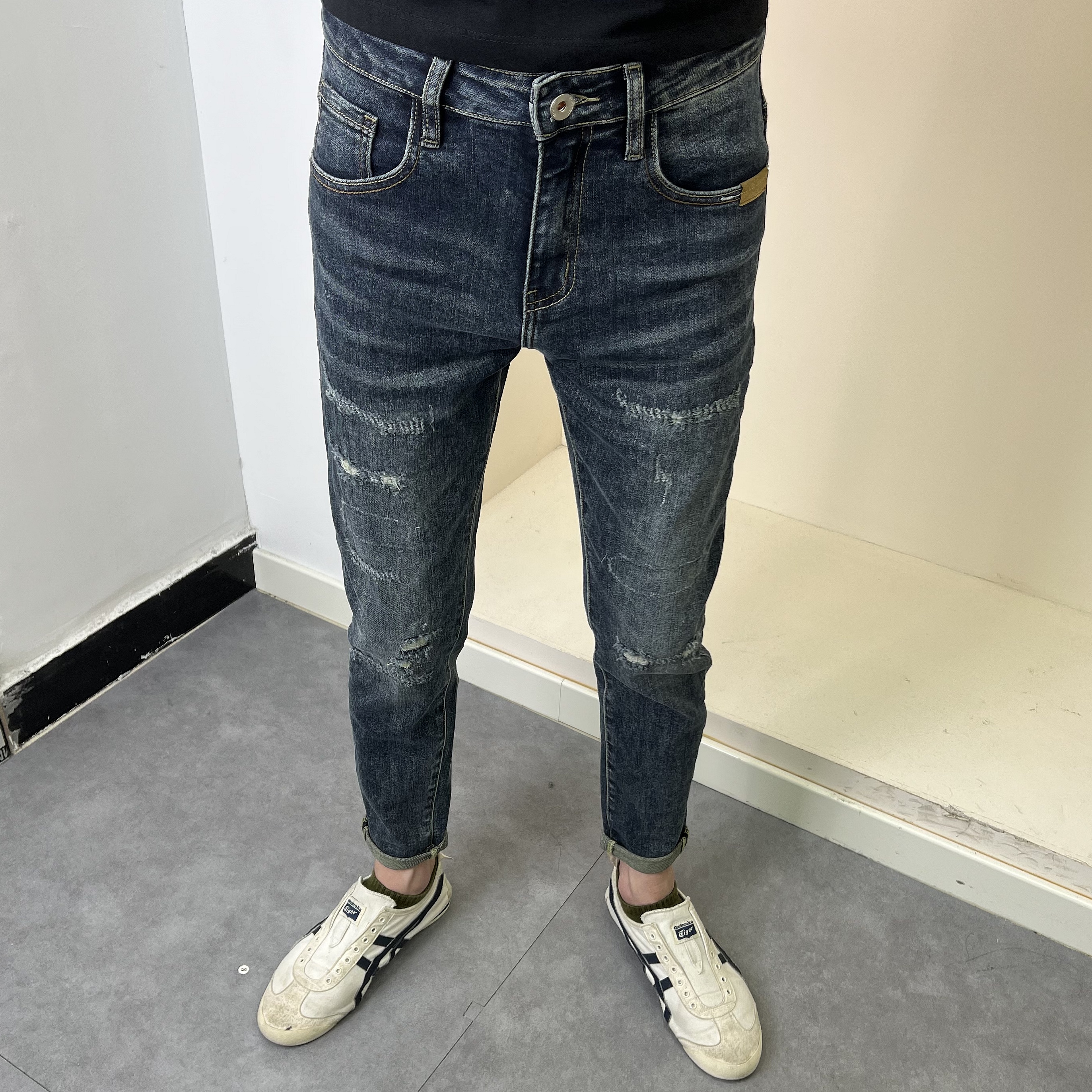 秋季新款蓝色假破洞修身小脚牛仔裤男士潮流牛仔裤时尚韩版弹力潮