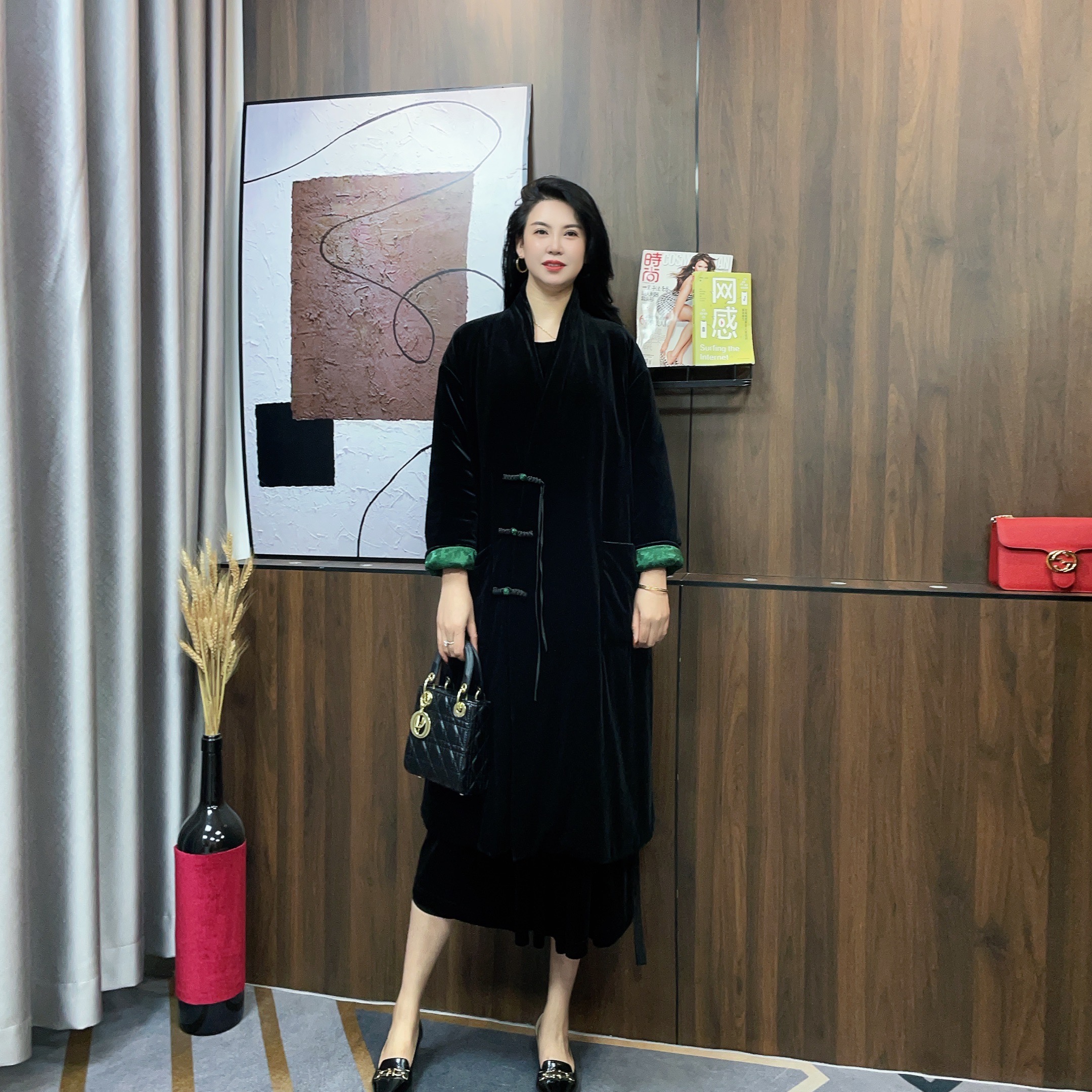 【花样年华】冬季新款丝绒长款加棉大衣