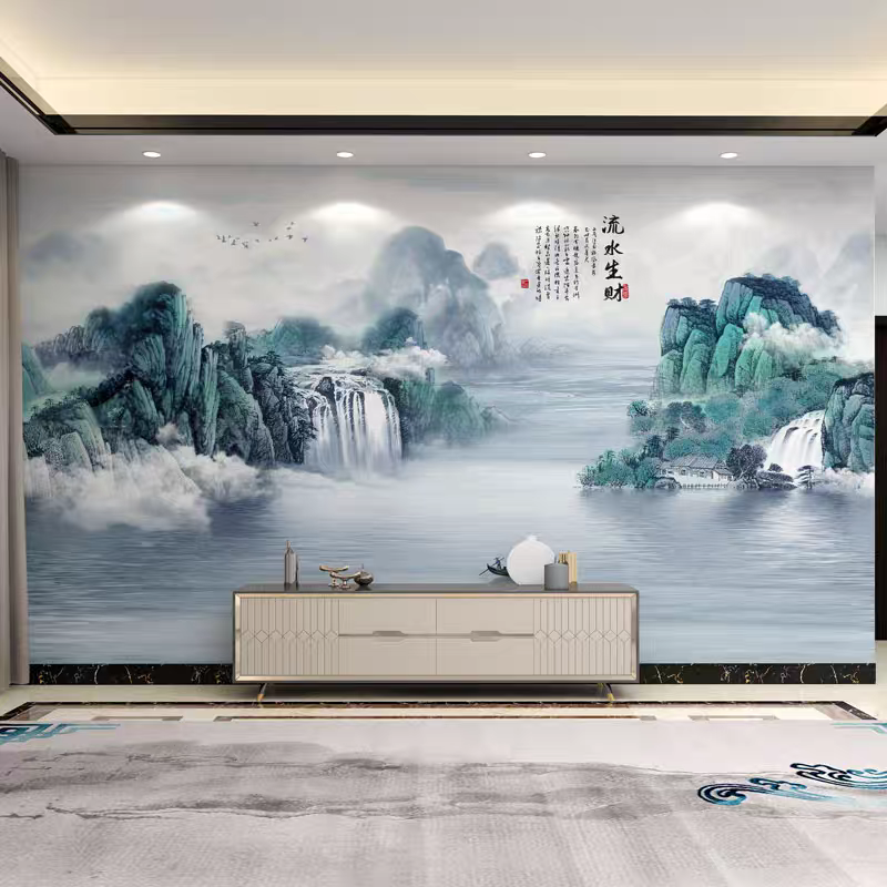 流水生财中式电视背景墙墙布8D立体山水画客厅沙发影视墙装饰壁画