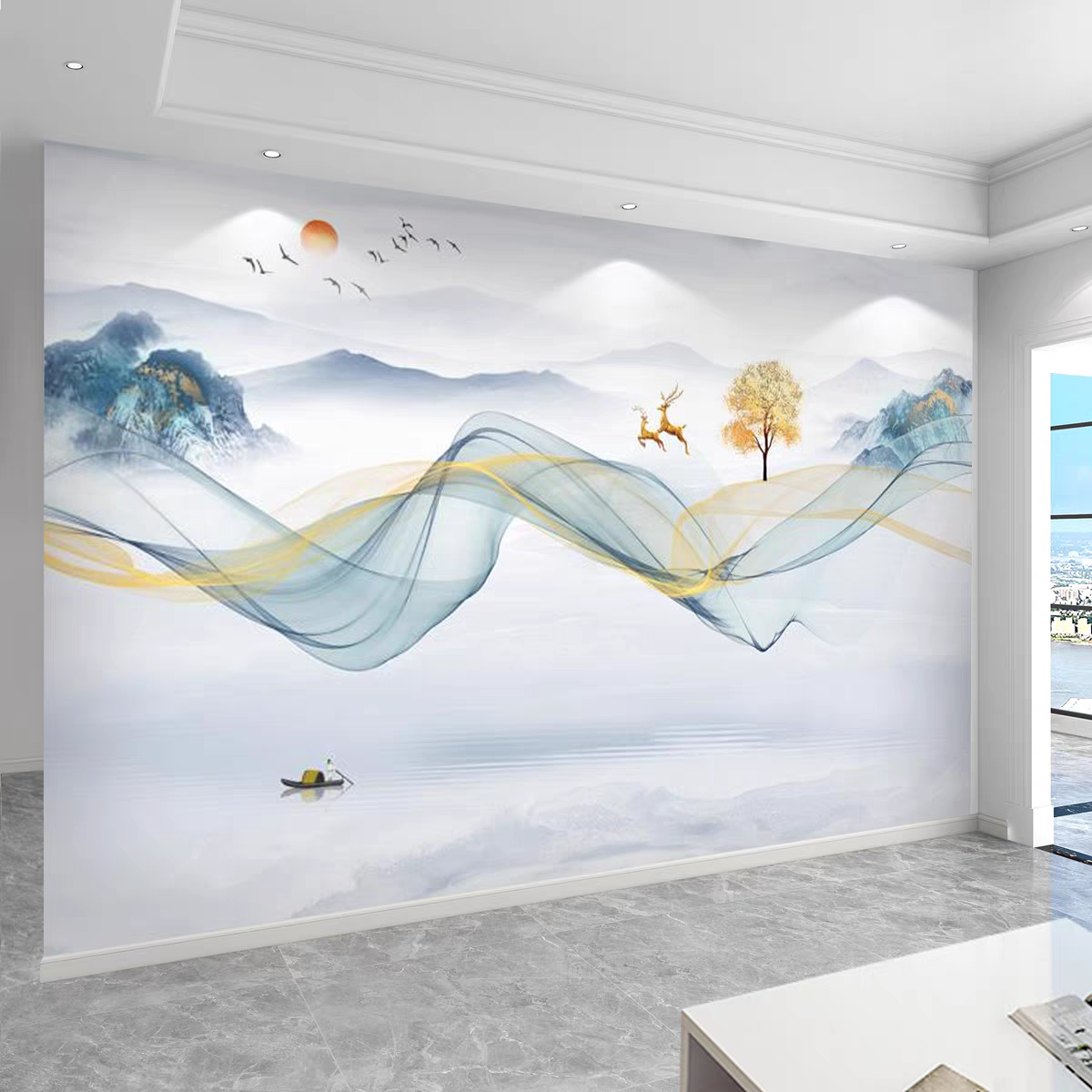 定制中式客厅电视背景墙壁画8D山水壁画沙发影视墙装饰墙布壁画