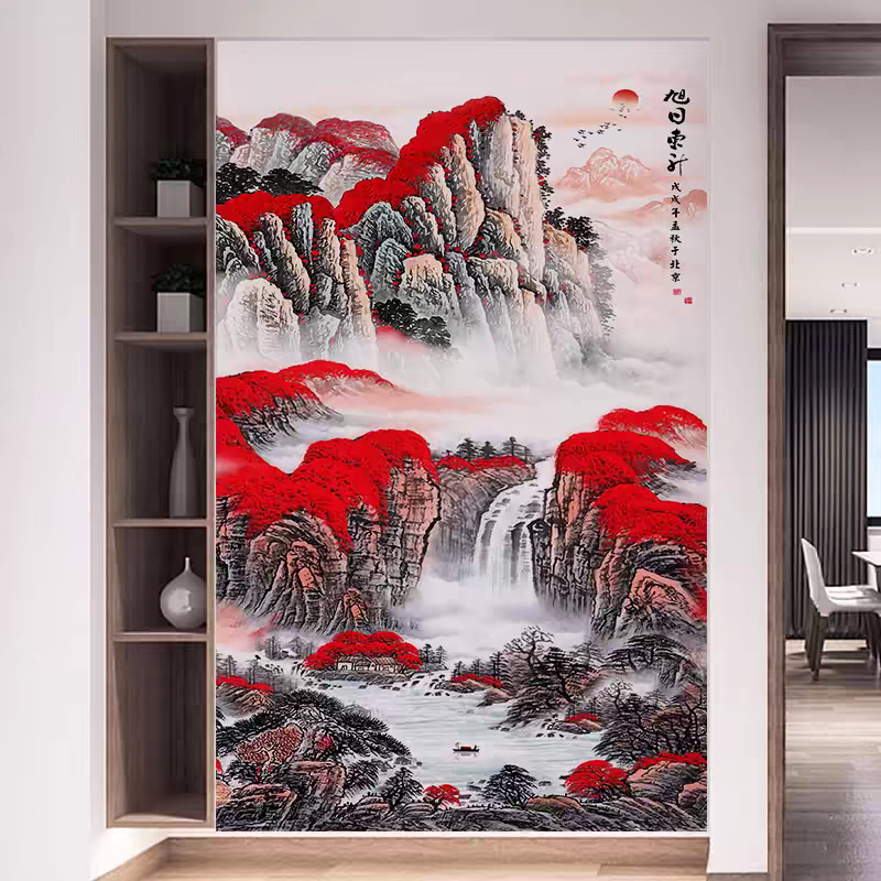 中式3D立体水墨山水画玄关背景墙墙布复式别墅8D壁布客厅墙布壁画