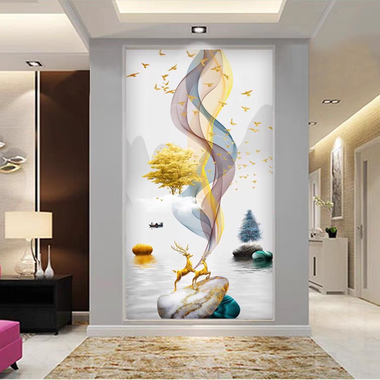 现代简约玄关背景墙壁布壁画8D轻奢大气竖版入户玄关装饰墙布壁画
