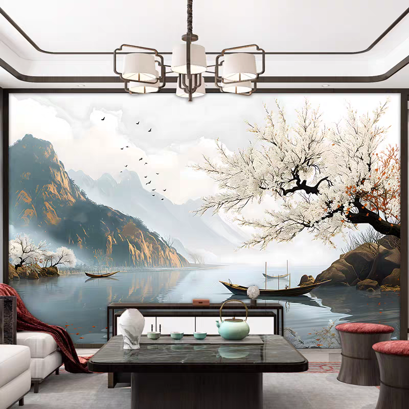 定制新中式意境山水8D电视背景墙壁纸客厅沙发壁布装饰影视墙壁画
