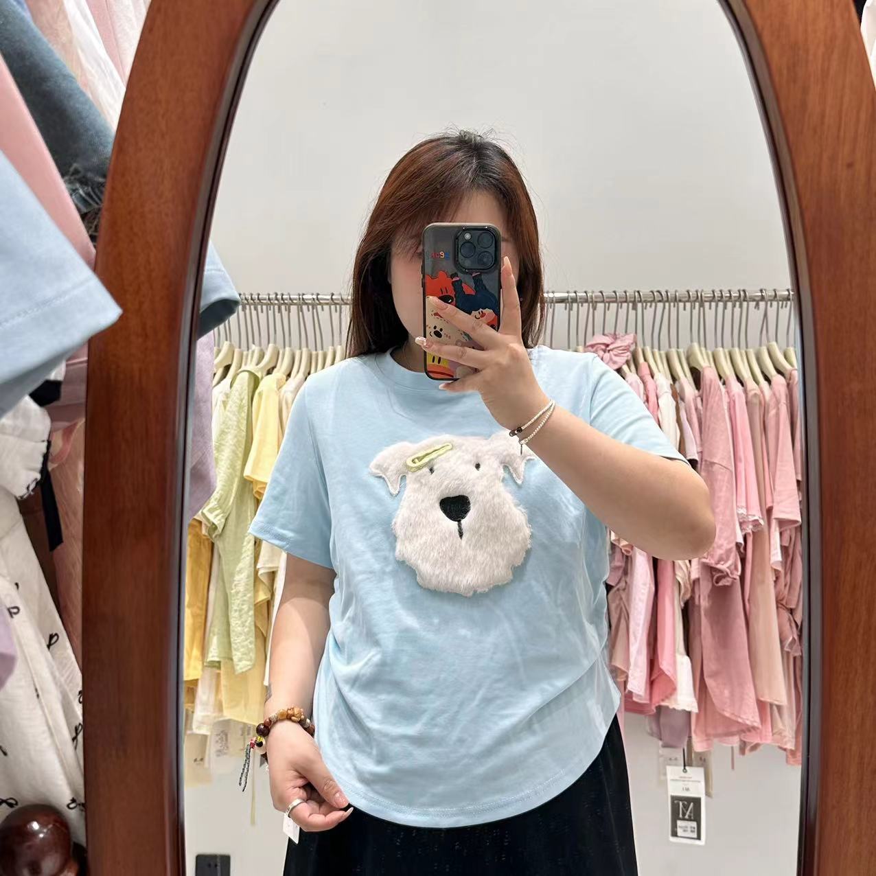 【何大胆】正肩小T恤大码胖MM可爱毛绒小动物短袖两侧收腰女上衣