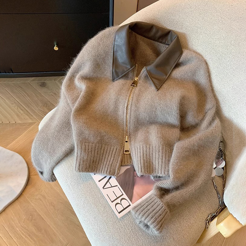 咖色Polo领针织开衫女秋冬短款慵懒软糯双拉链复古拉链毛衣外套