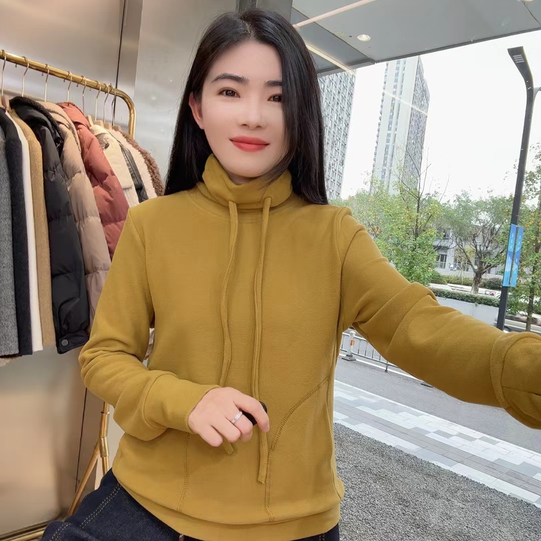 QC 242260 双面慕斯绒 高领抽绳双口袋纯色打底衫简约时尚长袖