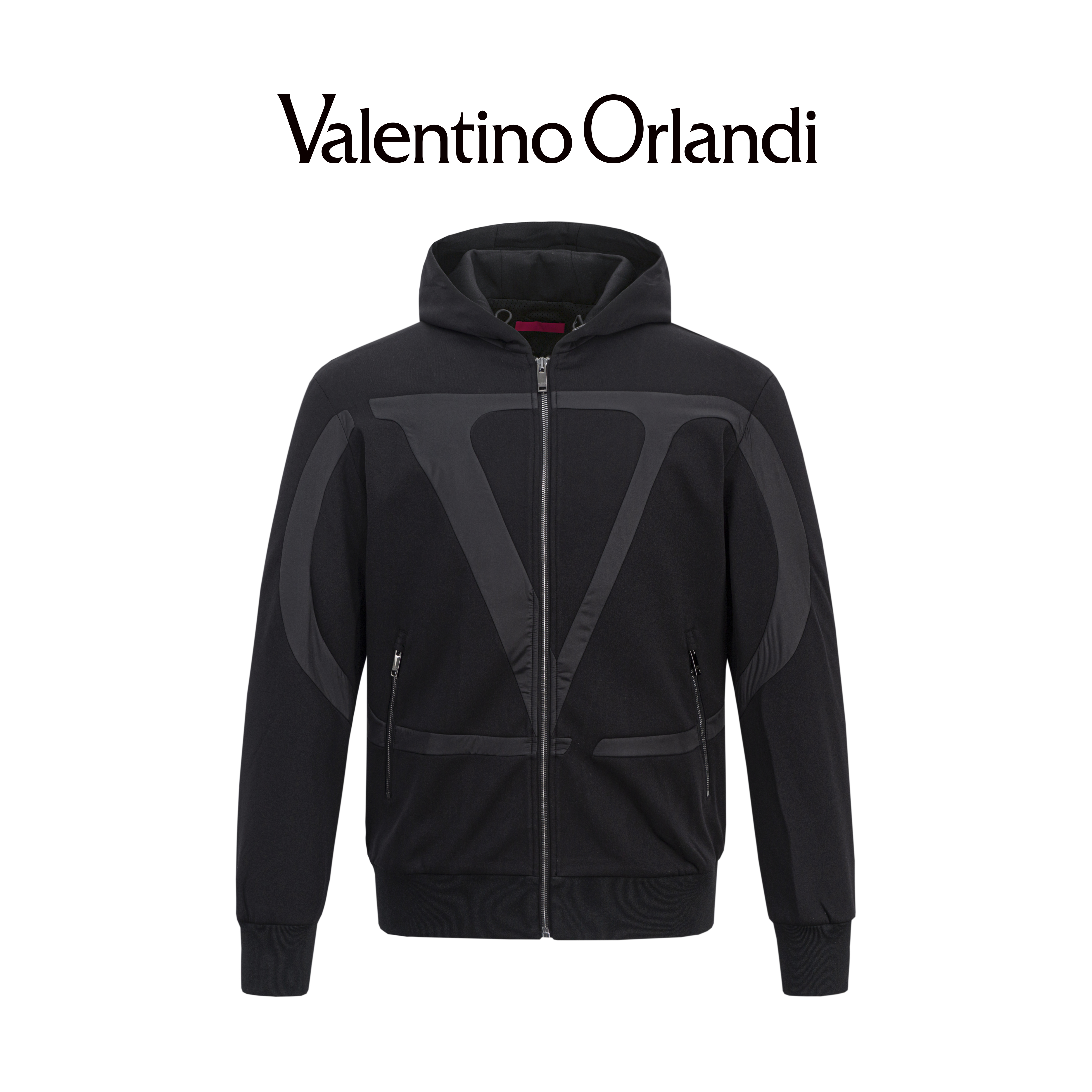 Valentino orlandi男士春秋B版时尚百搭暗纹大logo连帽夹克外套