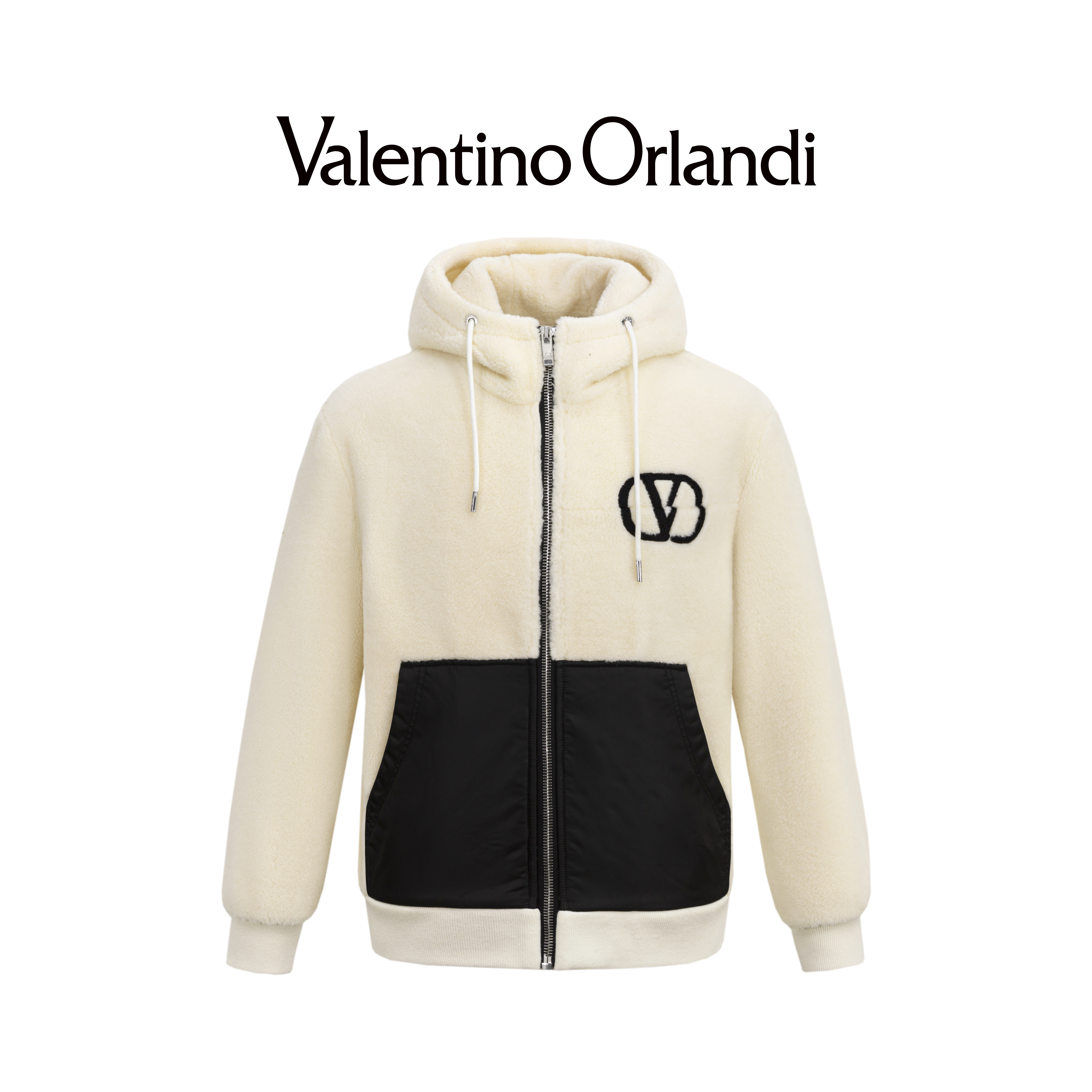 Valentino orlandi男士秋冬B版时尚撞色字母加绒羊羔毛连帽外套