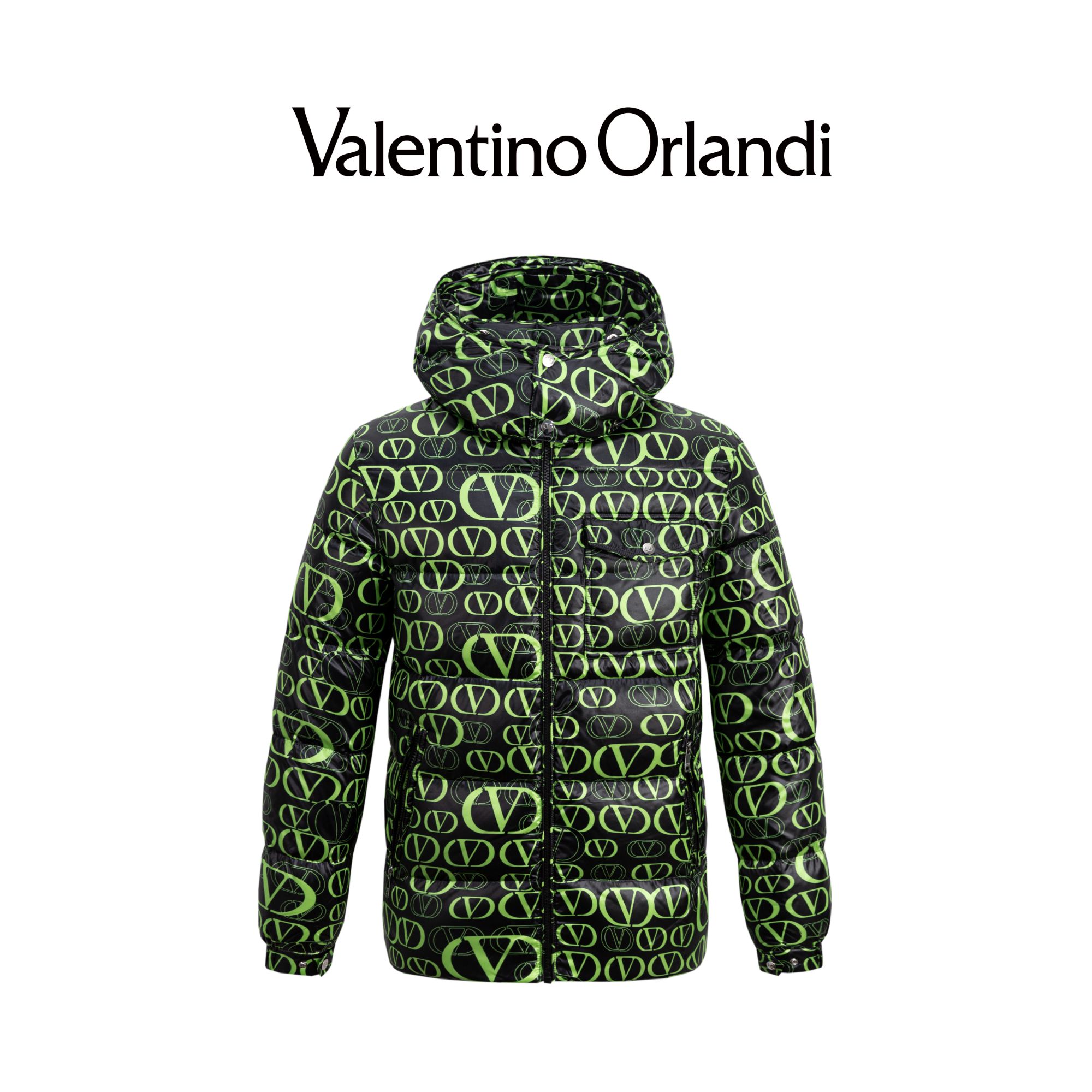 Valentino orlandi男士冬季B版满印撞色老花亮面可脱卸帽羽绒服