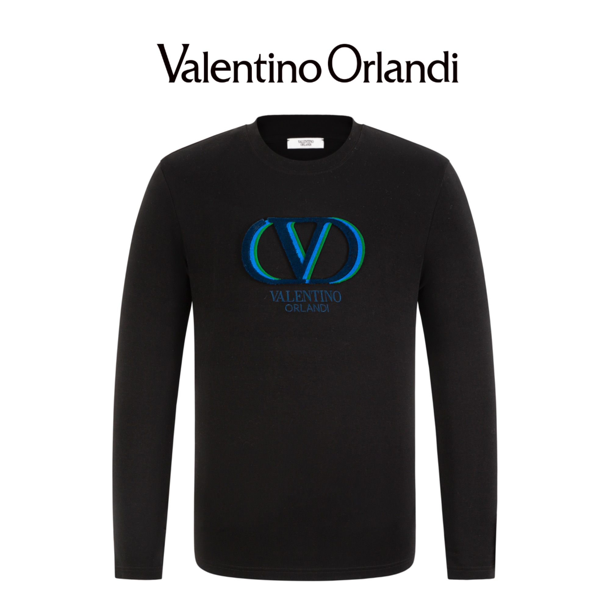 Valentino orlandi男士秋冬A版时尚百搭植绒刺绣logo圆领长袖T恤