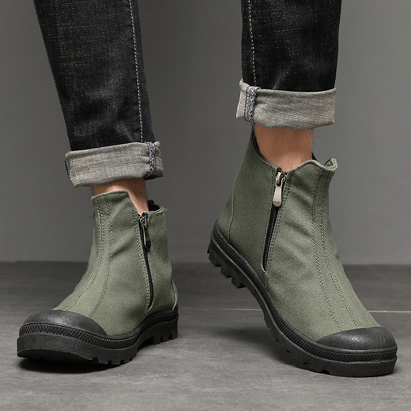 马丁靴男户外工装靴侧拉链高帮帆布鞋防滑耐磨登山鞋短筒工作靴子