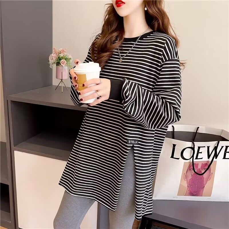 【粉丝专享】春秋款t恤女长袖开叉中长款宽松休闲黑白条百搭上衣162