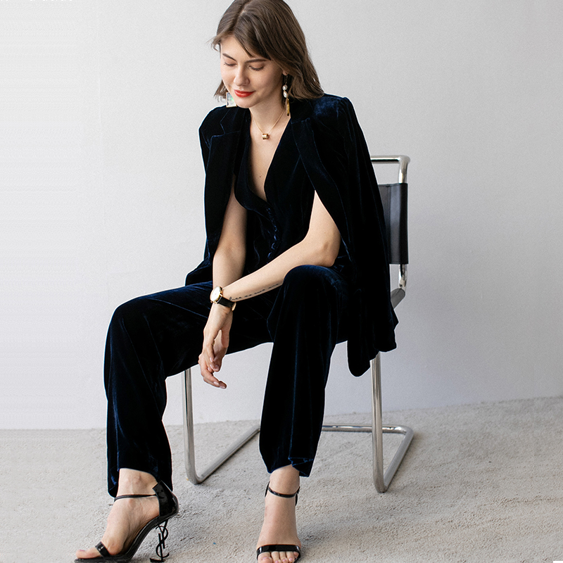 JADE SHADW/翡翠影蓝光丝绒套装西服+马甲+阔腿裤三件套S1148