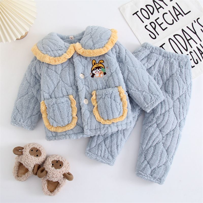 新品巴拉巴拉冬季儿童加厚睡衣女童三层夹棉法兰绒家居服套装宝宝