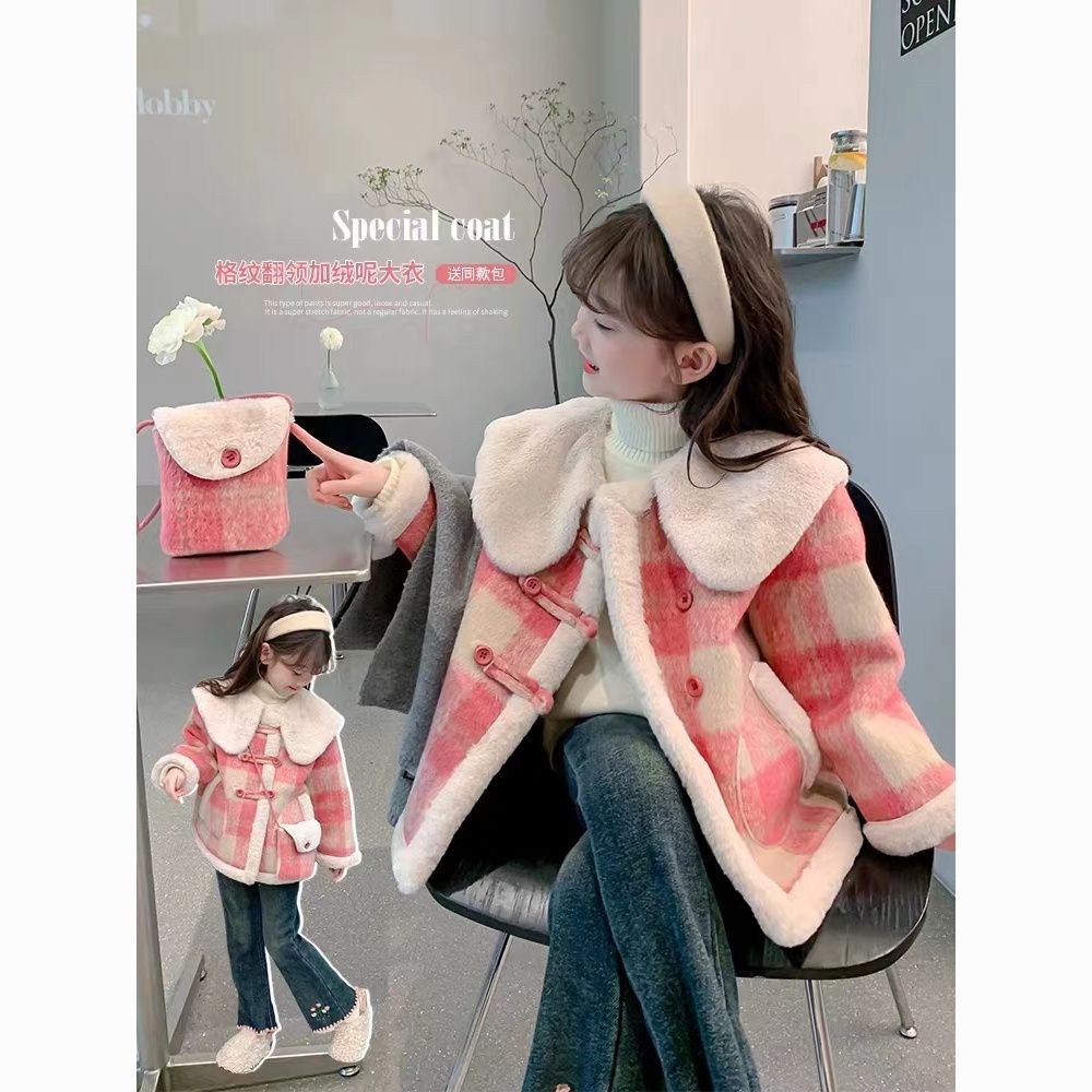 新品巴拉巴拉女童加绒外套冬装2023新款洋气儿童呢子大衣冬季加厚