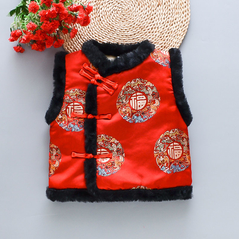 新品巴拉巴拉儿童新年马甲新中式拜年服织锦缎唐装国风棉马甲幼儿