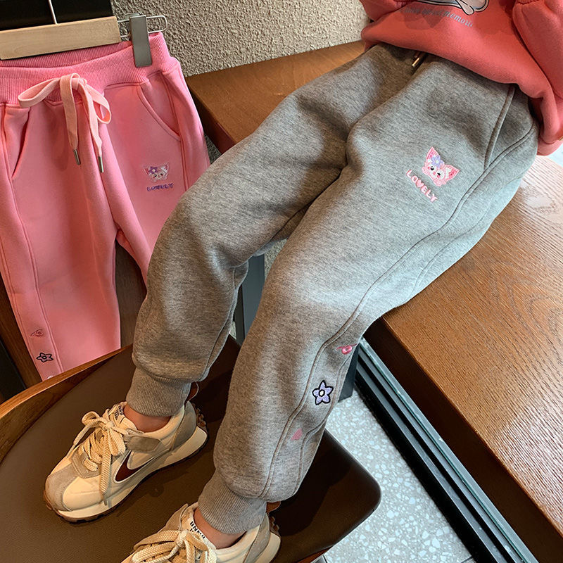 新品巴拉巴拉女童加绒裤子2023秋冬新款儿童一体绒刺绣休闲卫裤中