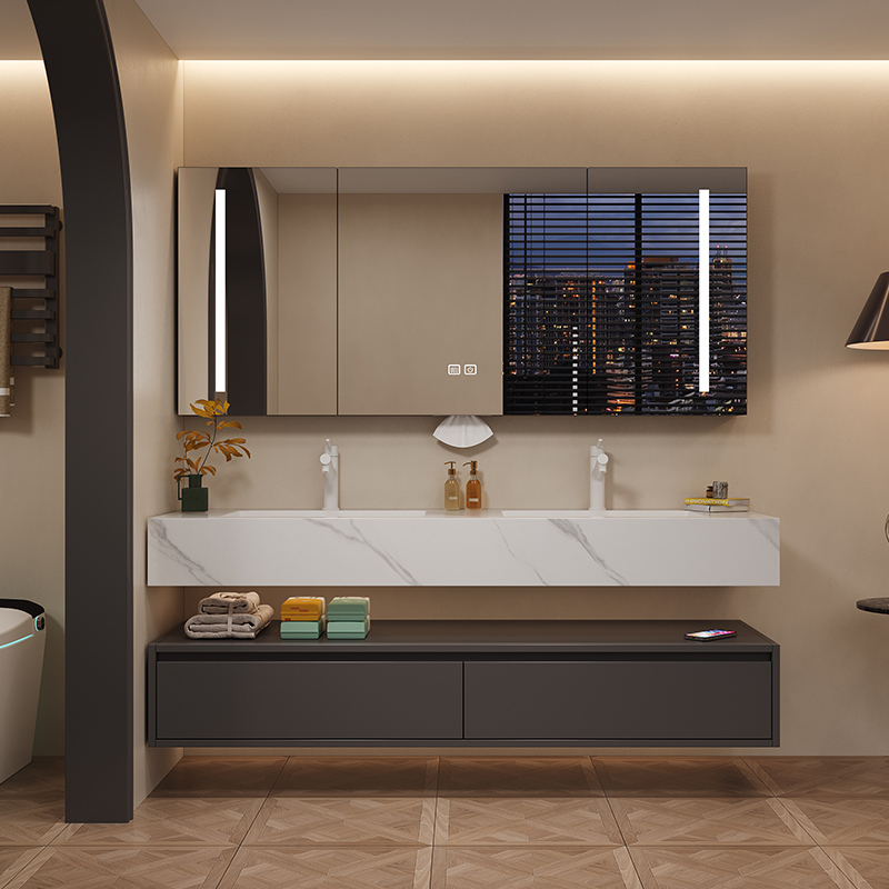 岩板陶瓷无缝一体盆酒店风浴室柜组合卫生间洗漱台洗手脸盆定制
