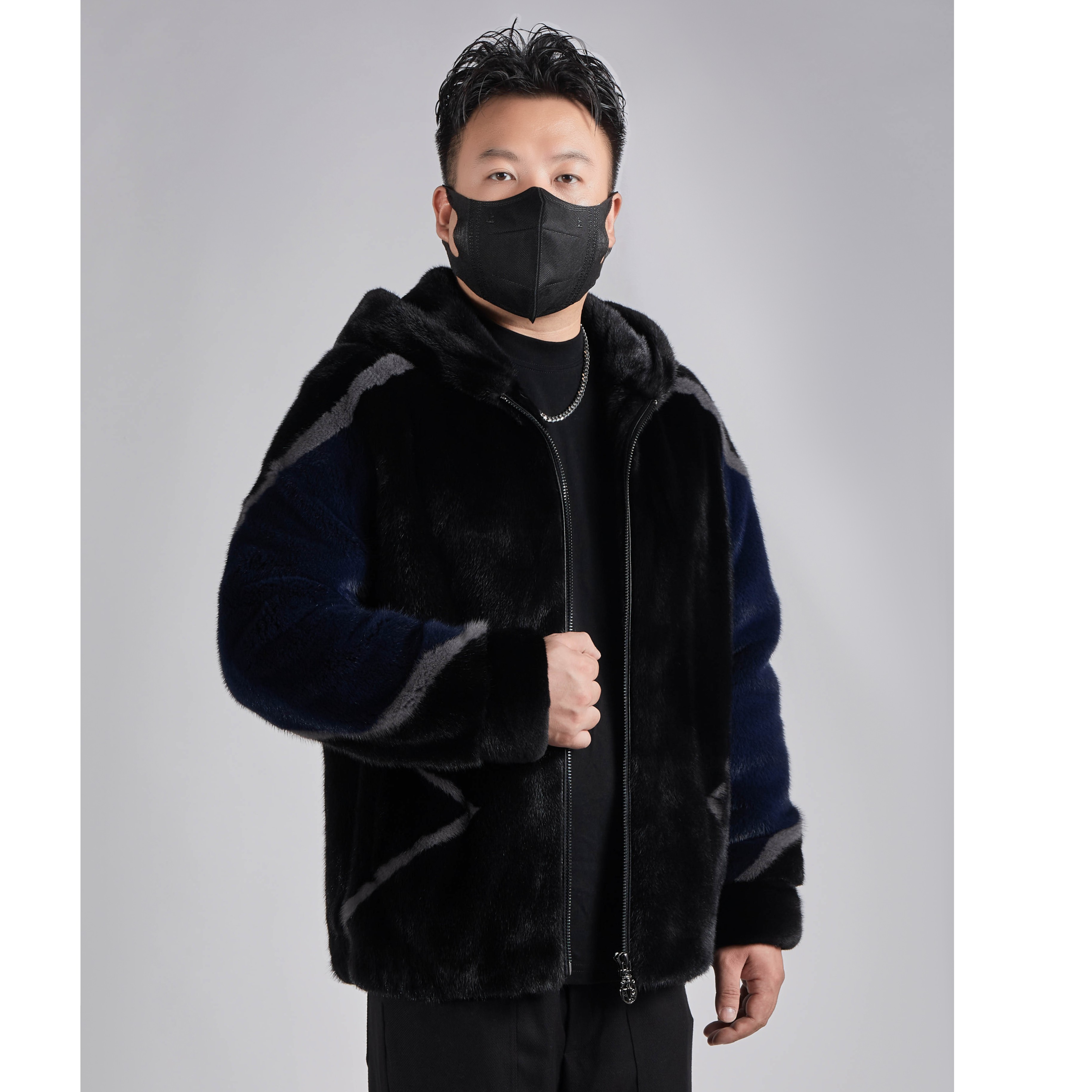哥尔墨-进口皇冠天鹅绒短二连帽插肩时尚貂皮男士皮草外套秋冬季