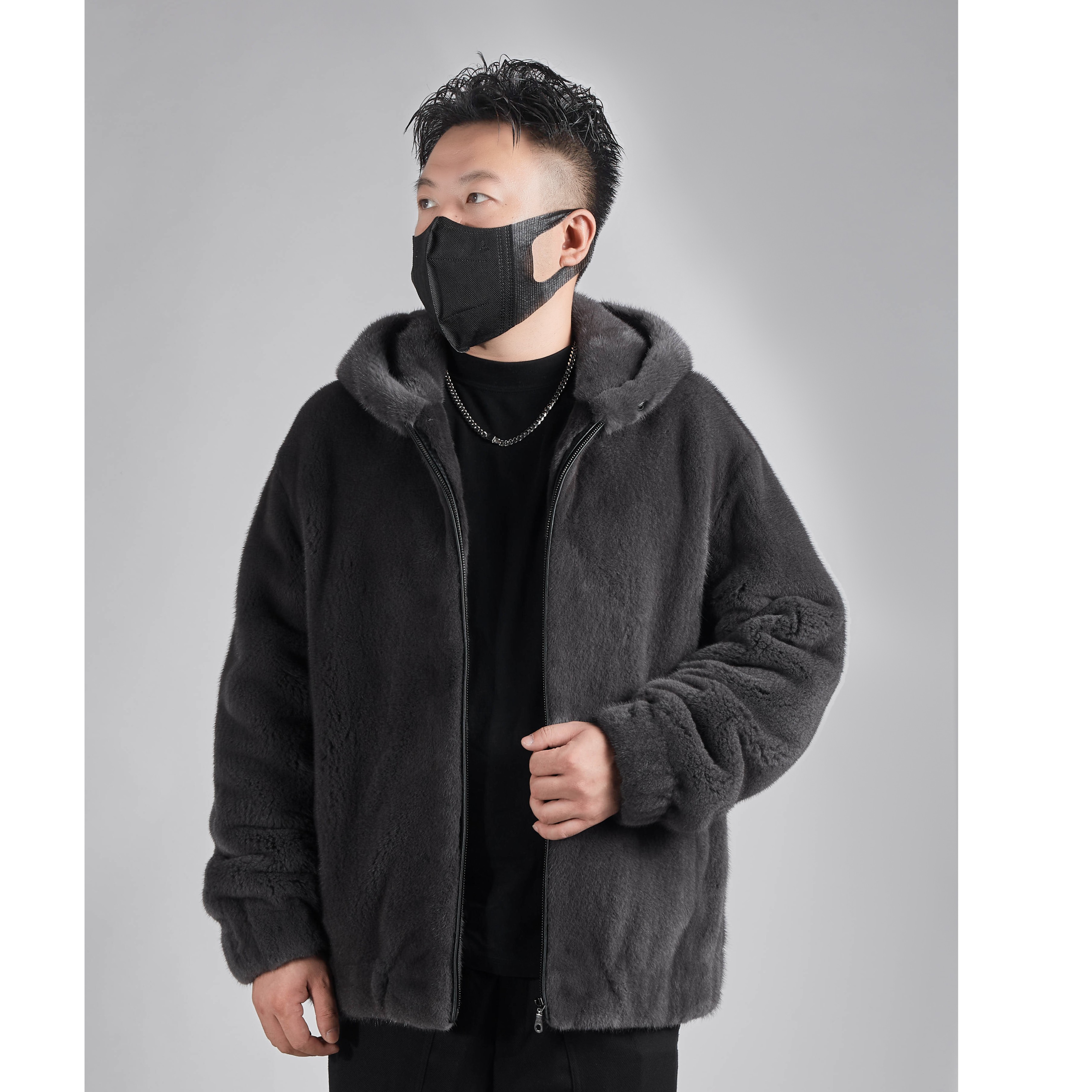 哥尔墨-丹麦短二天鹅绒等级水貂连帽秋冬男士休闲皮草男款男装