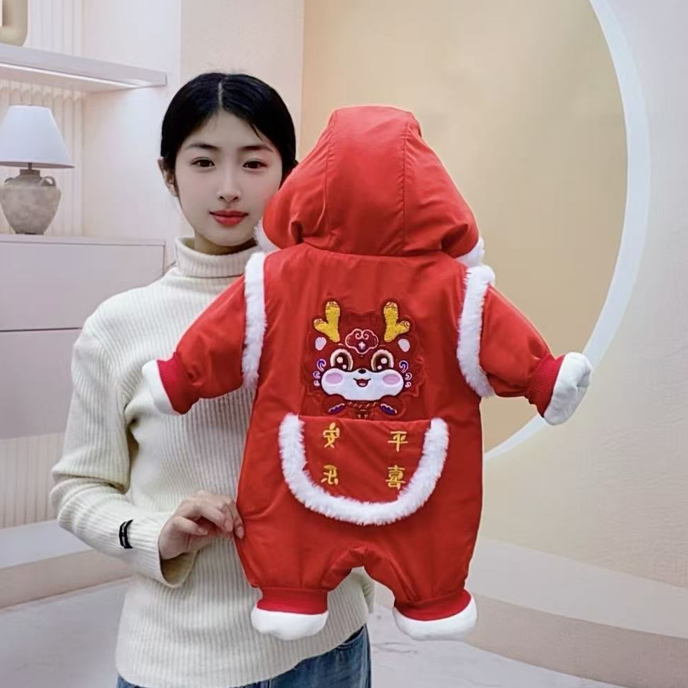婴儿连体衣拜年服冬季加绒加厚新款大红喜庆哈衣男女宝宝过年新年
