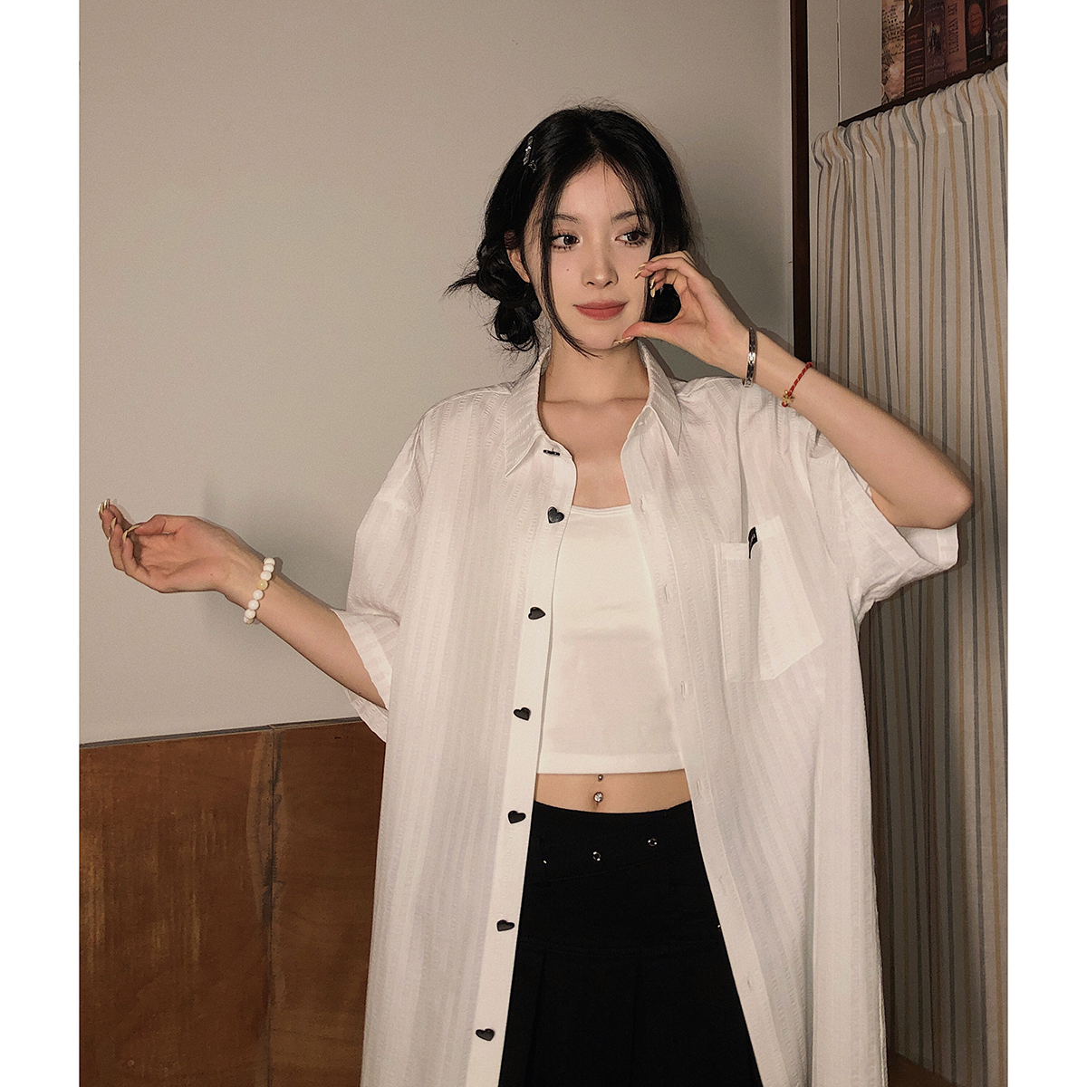 吵吵家短袖衬衫女POLO领设计感小众43265