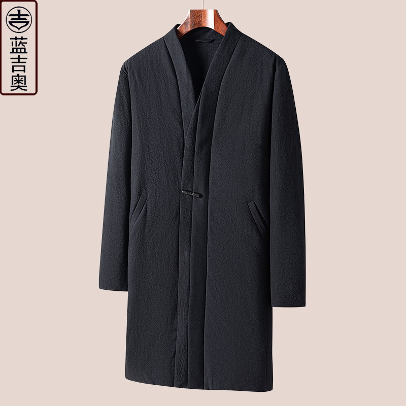 中青年男士冬季中长款棉麻羽绒服复古汉服居士服禅茶服中国风外套