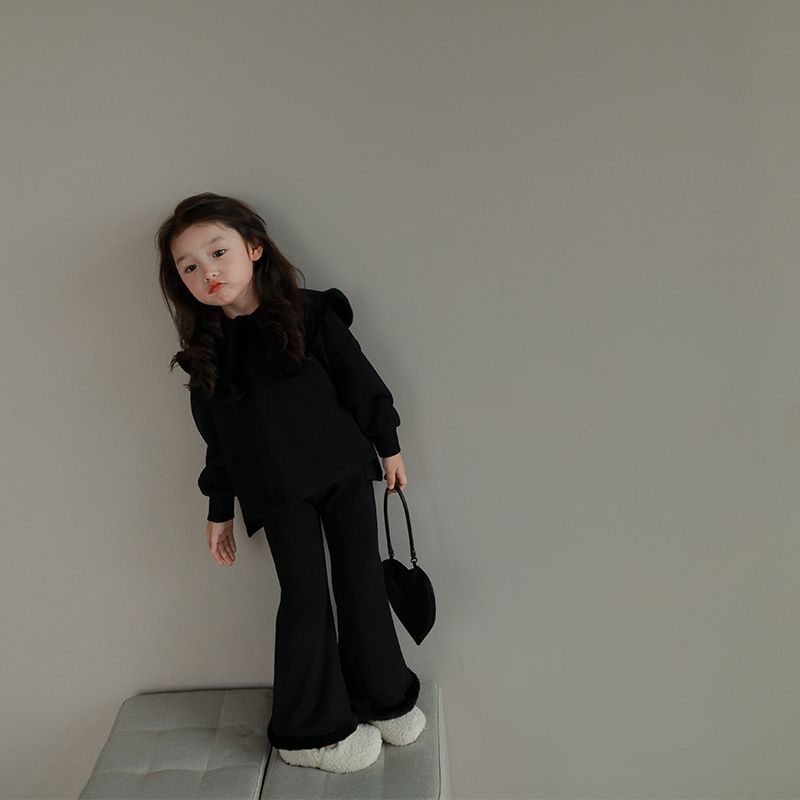 女童毛绒边大翻领纯色衬衫2023春季新款儿童宝宝个性喇叭裤套春秋