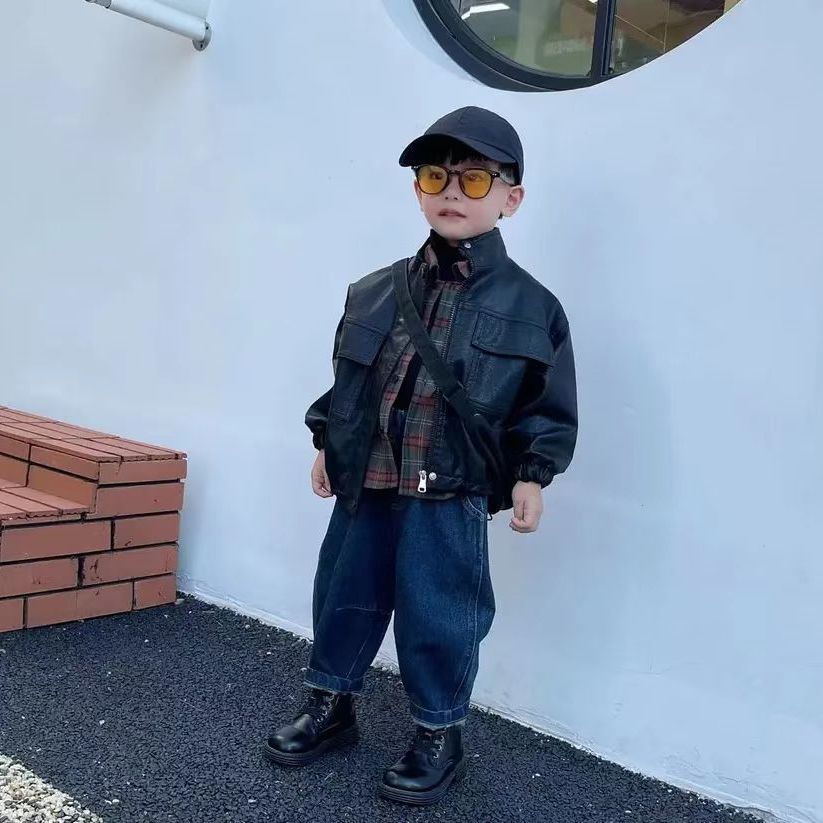 男童皮衣外套2023秋冬新款宝宝皮夹克加绒加厚外套男女小童机车服