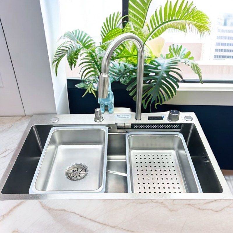 5.0厚【基础款】数显食品级304 飞雨瀑布不锈钢多功能大单槽