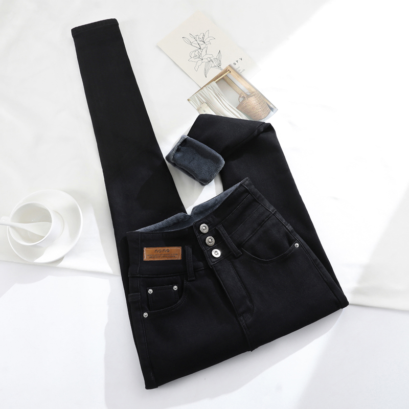 加绒小脚裤女冬季新款加绒加厚高腰牛仔裤女显瘦显高铅笔裤九分裤