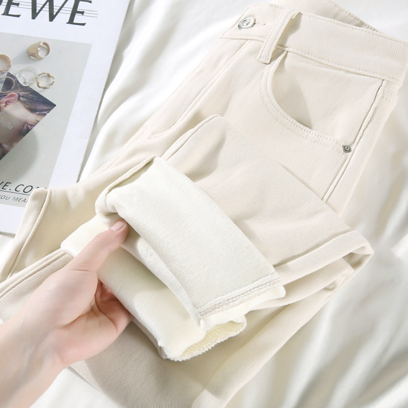 加绒牛仔裤女九分裤2025冬季加厚显瘦弹力高腰小脚裤白色长裤女