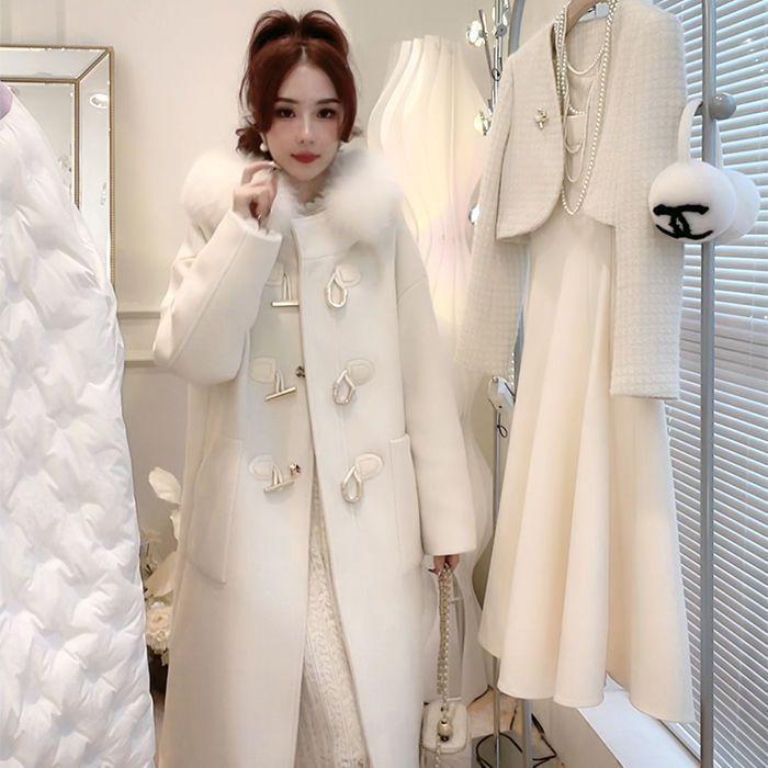 大毛领保暖呢子大衣女2023年新款秋冬赫本风加厚牛角扣毛呢外套潮