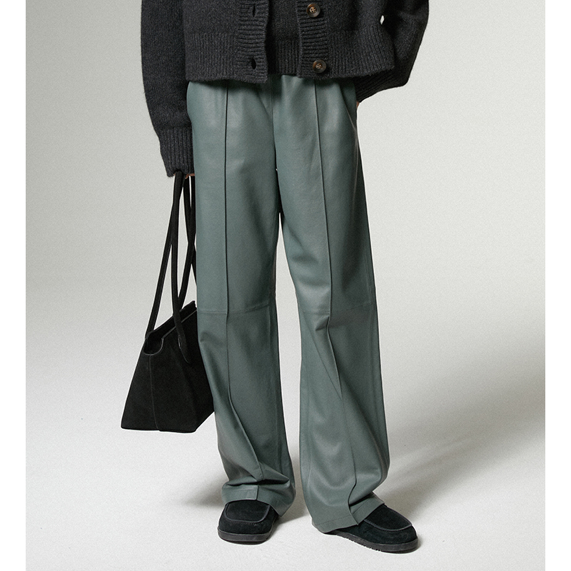 INFFTRU【橡皮泥皮裤】绵羊皮 直筒百搭休闲阔腿长裤皮裤女