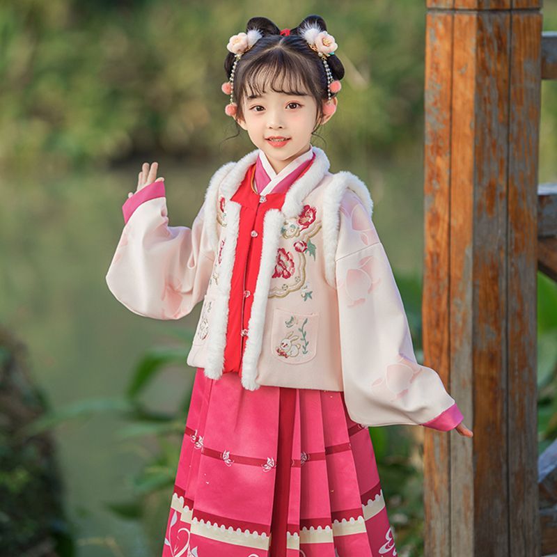 儿童汉服女秋冬款国风加绒加厚拜年服唐装交领上衣马面裙