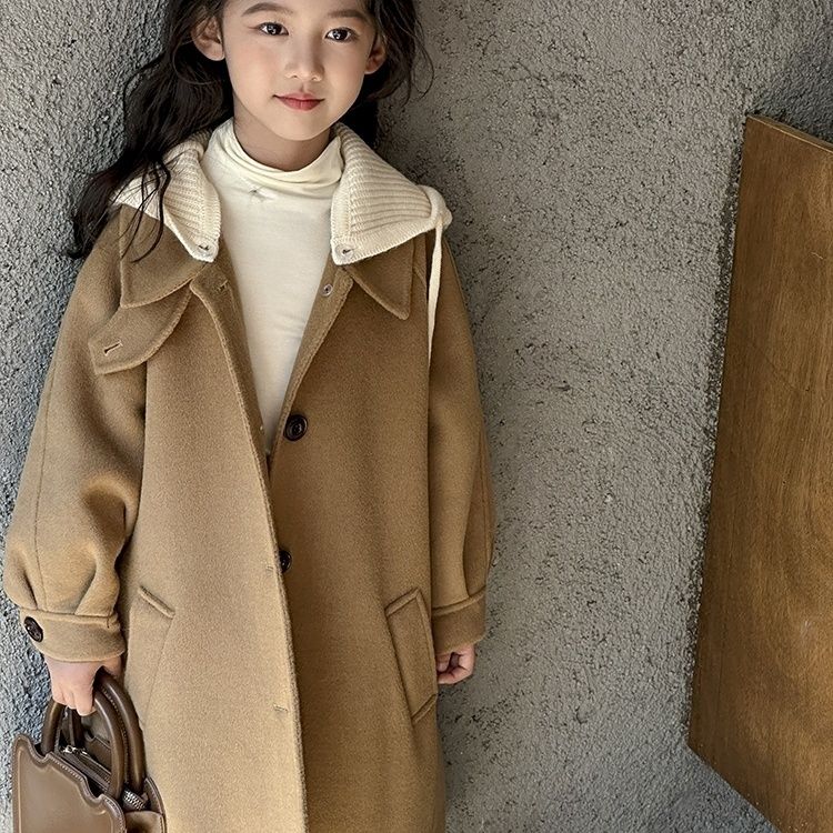 女童双面大衣外套2023春秋款洋气大衣中长连帽外韩系