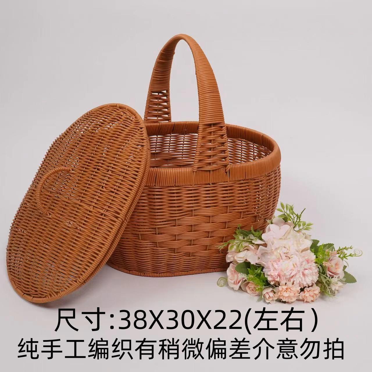 TY43[带盖椭圆手提篮]纯手工编织购物买菜野餐拜拜篮大量38*30*22