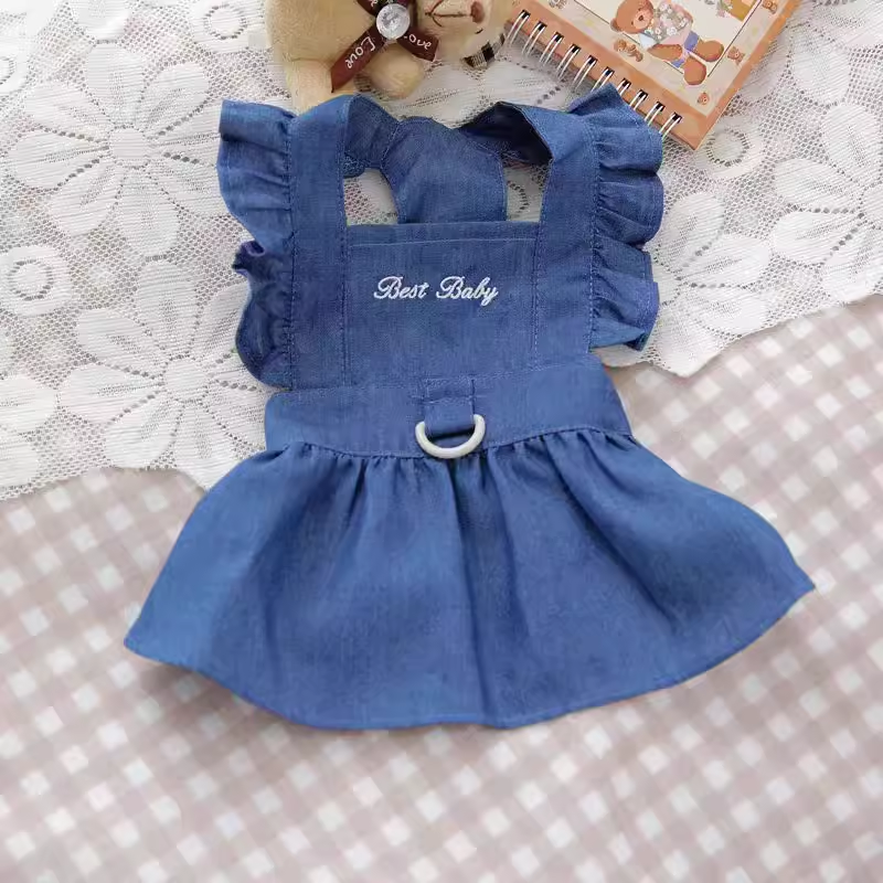 宠物比熊猫咪衣服春夏装裙子花边牛仔连衣裙带可牵引连衣裙牛仔裙