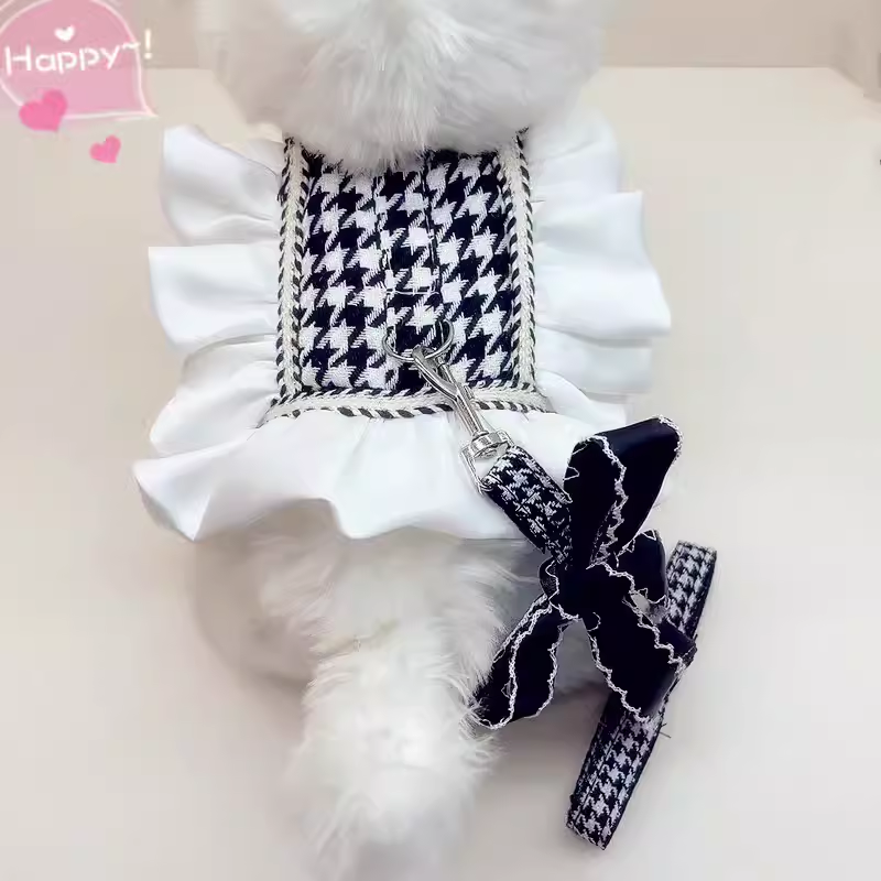 狗狗猫咪白色千鸟格牵引绳背心式胸背衣服宠物泰迪外出遛狗绳套装