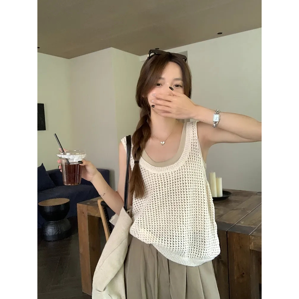 设计感镂空短款针织吊带背心女夏季小个子洋气宽松辣妹外穿针织