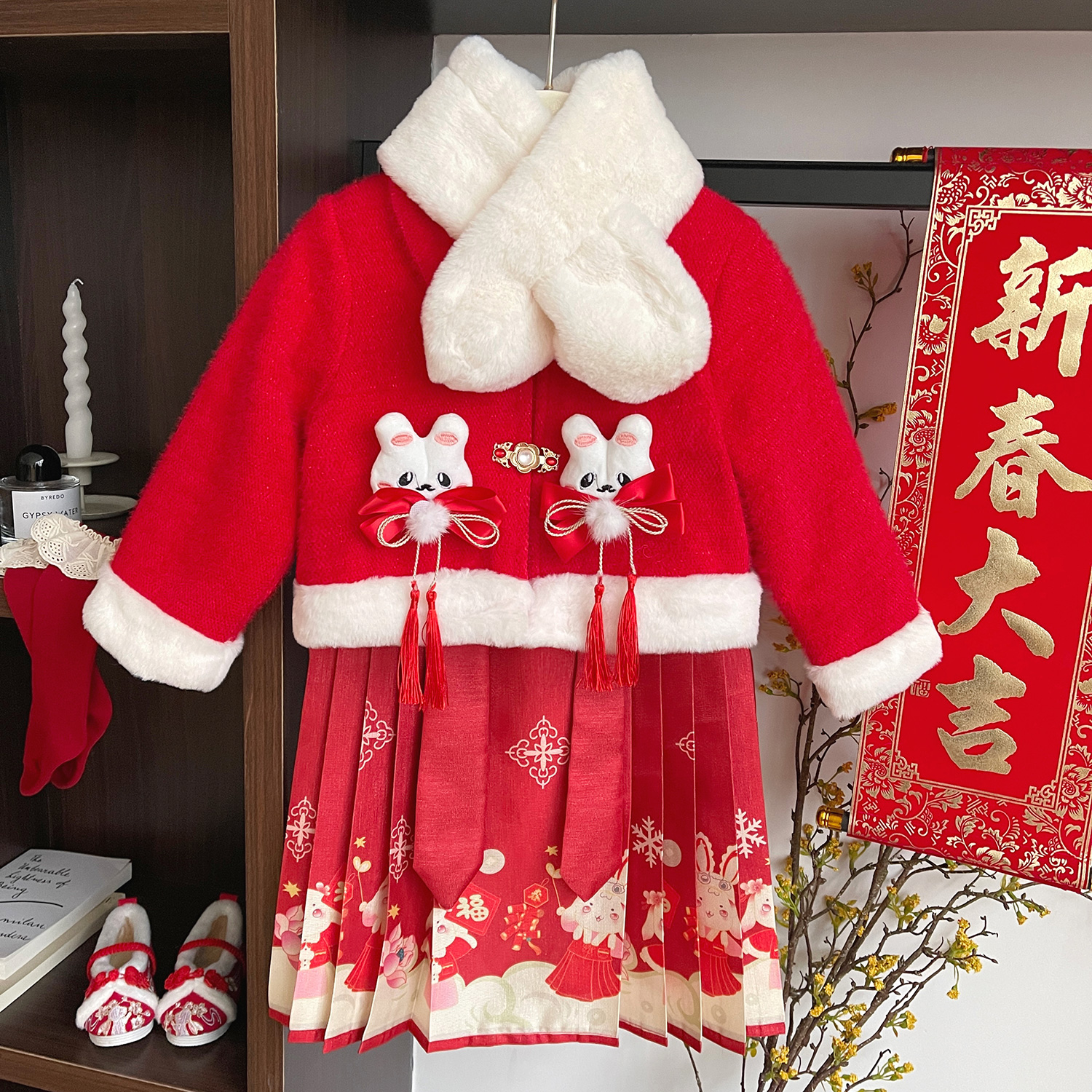 女童2023洋气加绒冬季马面裙套装女宝宝中国风拜年服冬装