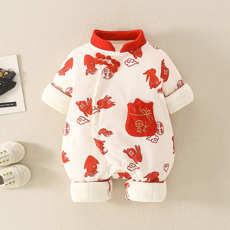 萌娃拜年服一体服2024婴儿冬季薄棉满月周岁宝宝外出服婴儿拜年服